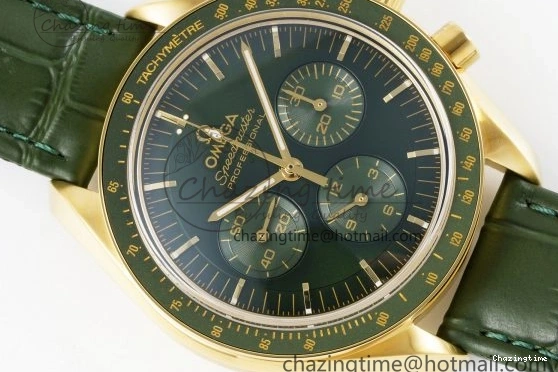 0404 Speedmaster Moonwatch in Moonshine Gold YG RMF Best Edition Green Dial on Green Leather Strap Manual Chrono EasyCare 7832